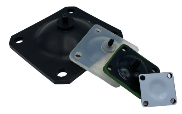 The Aquasyn diaphragm range: EPDM, PTFE-faced TFM 1700 laminate, silicone and Viton elements shown together across several valve sizes