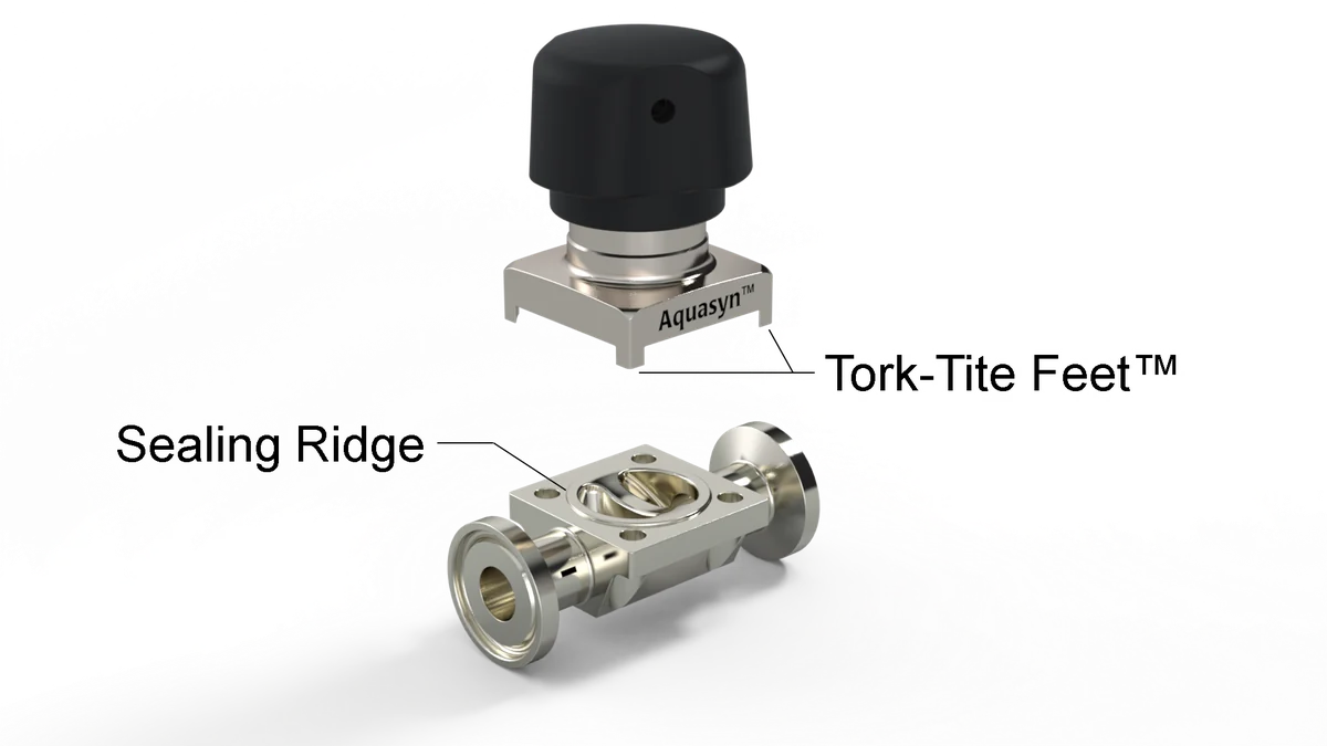 Aquasyn bonnet floating above its valve body with the Tork-Tite feet and the Integral Sealing Ridge called out: the sealing ring is machined into the body rather than bolted on, and the diaphragm sits between the two