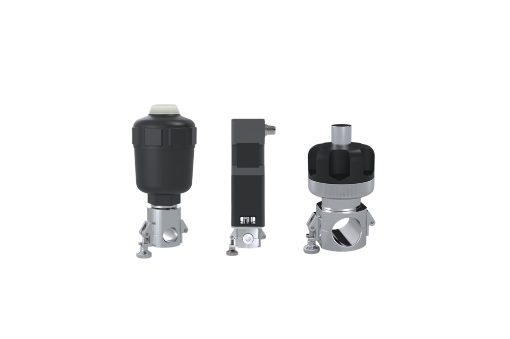 ARTēVA® pinch valve line showing manual, pneumatic, and eMaxion electric variants with tubing flow path