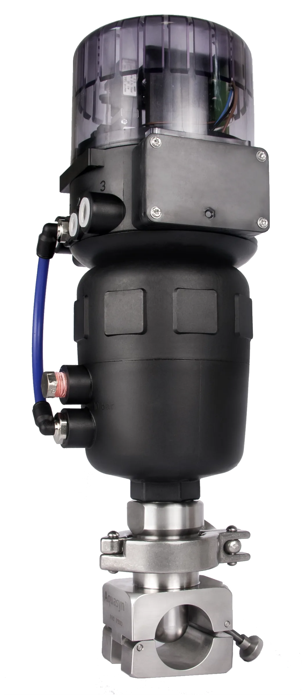 ARTēVA® pinch valve cross-section showing encapsulated stainless head with single-use tubing flow path