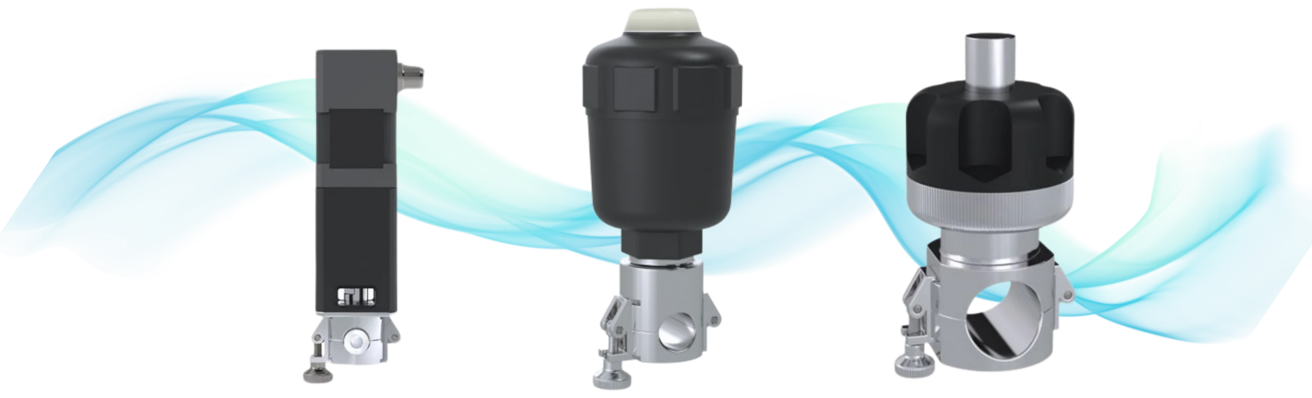 The three ARTēVA® pinch valve actuation options side by side: electric, pneumatic and manual, on one 316L stainless pinch head