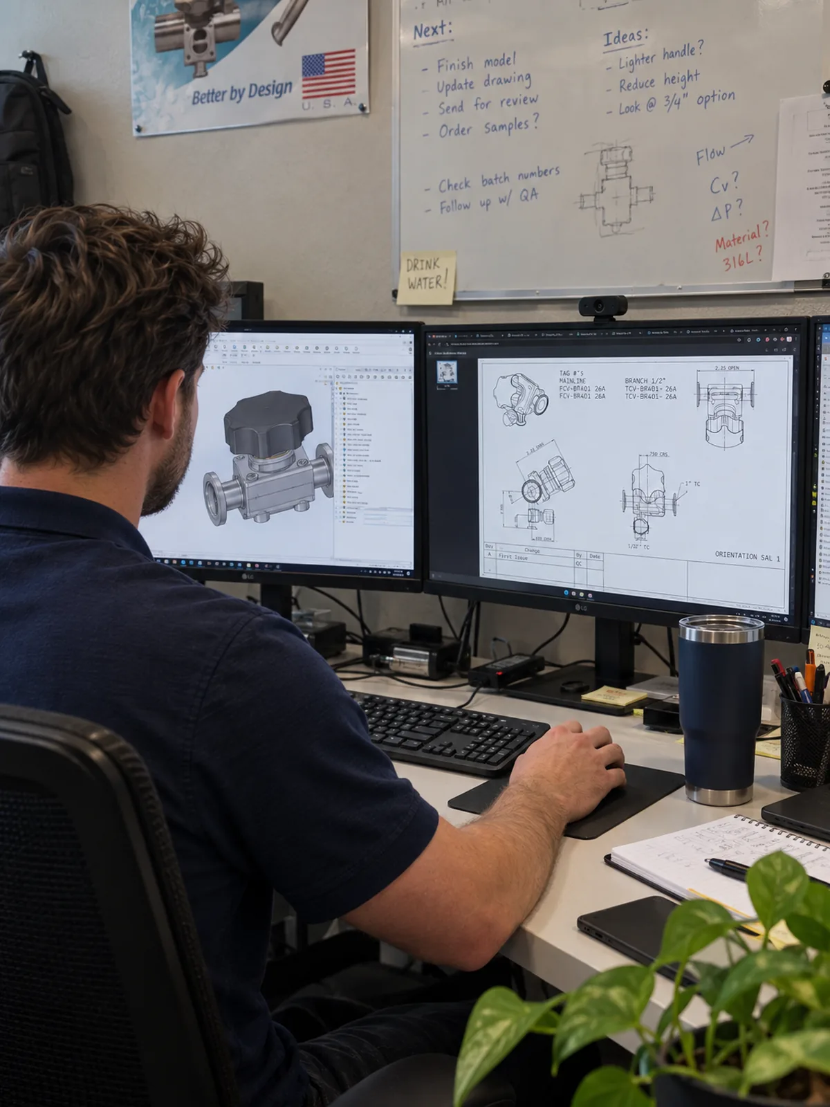 An Aquasyn engineer at a dual-monitor CAD station, a 3D diaphragm valve model on one screen and its general arrangement drawing on the other