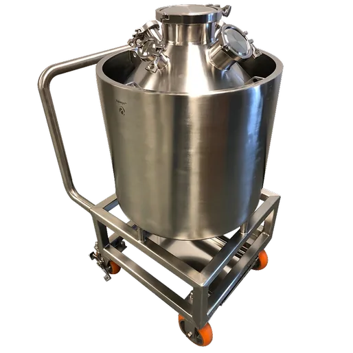 Aquasyn stainless carboy on wheeled cart · tri-clamp fittings, Aquasyn branded, orange casters