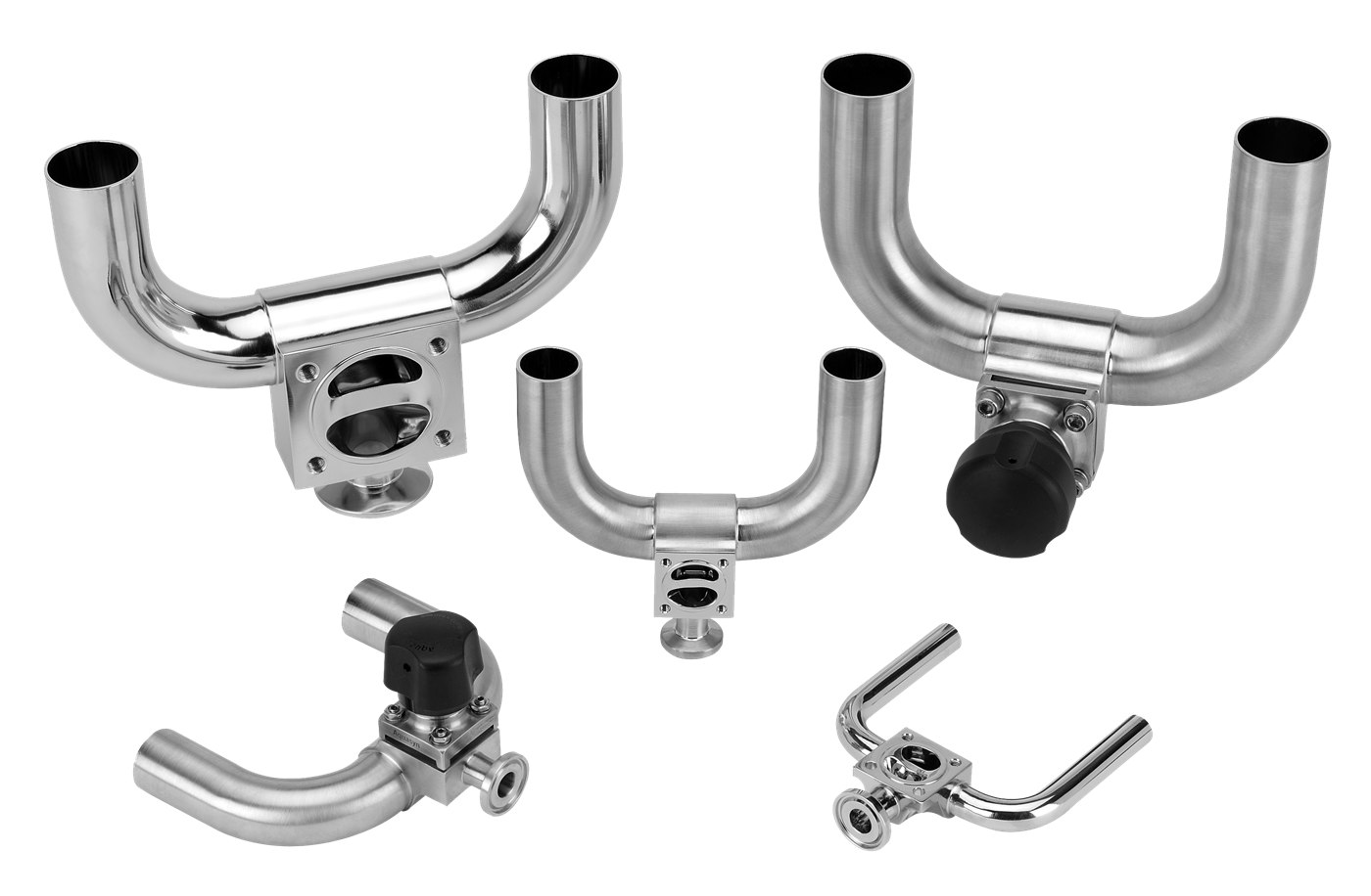 Five Aquasyn point-of-use valve bodies in different orientations, U-bend and single-bend, with manual bonnets and tri-clamp take-offs