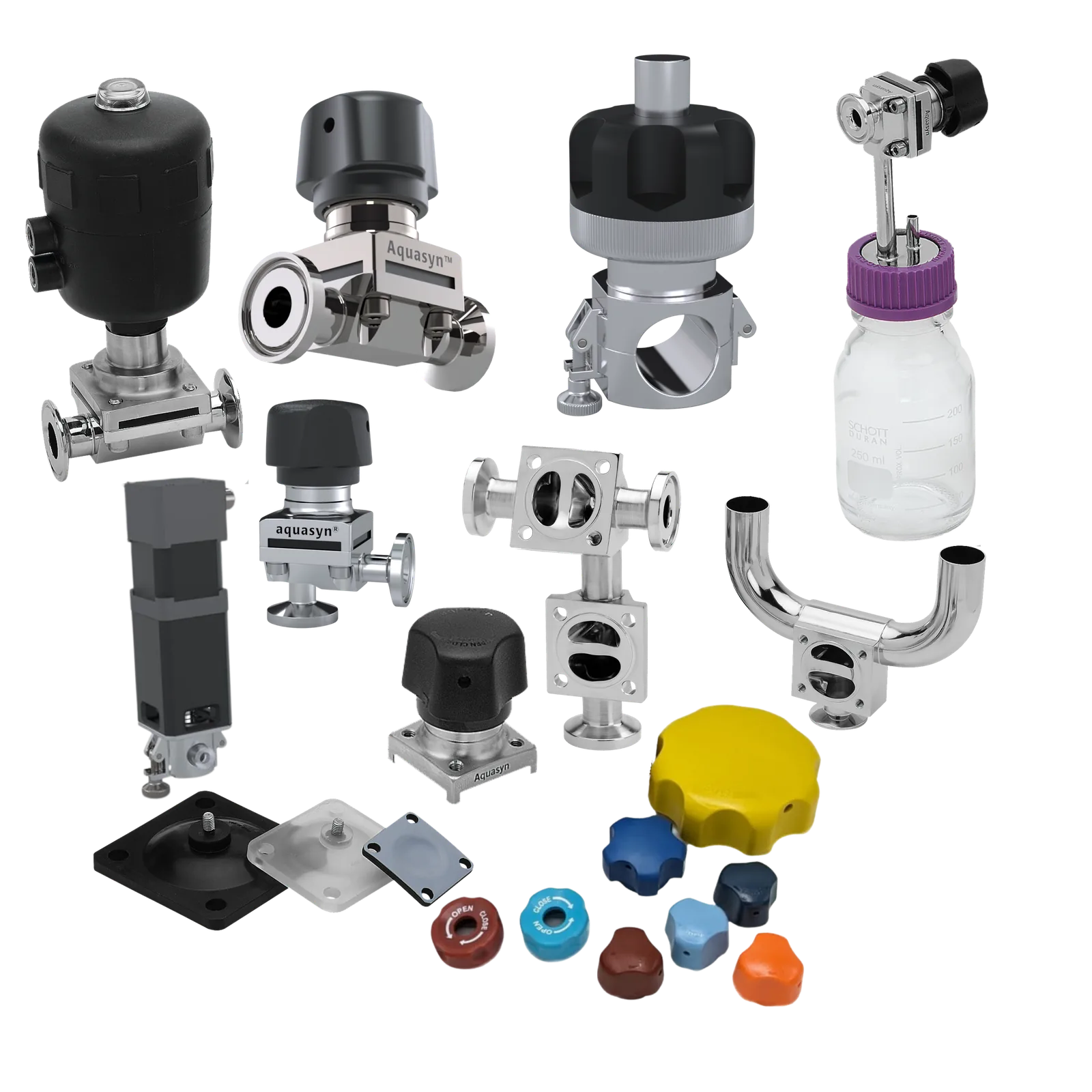 Aquasyn product family portrait · diaphragm valves, pinch valves, sample bottle, custom fittings, diaphragms, color-coded caps