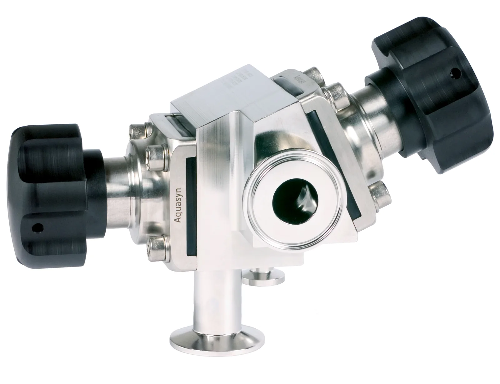 Aquasyn assembled sterile access valve with twin black handwheels and tri-clamp connections