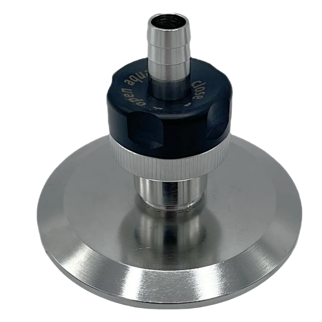 Aquasyn inline bleed valve · tri-clamp face with anodized blue handle and outlet stem