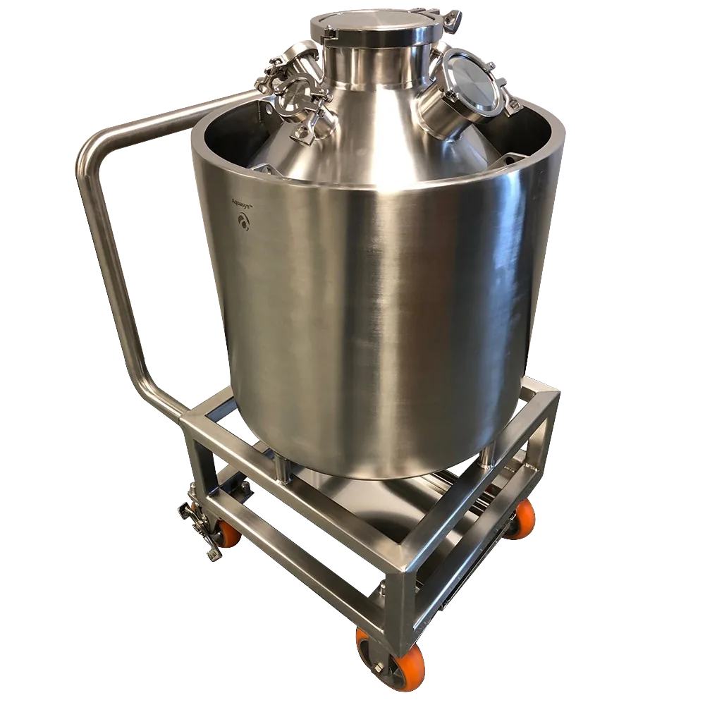 Aquasyn custom stainless carboy on wheeled transport cart