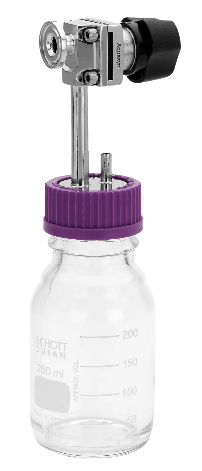 Aquasyn sample bottle assembly · 250 mL Schott Duran glass bottle with purple cap and integrated Valbow sample valve