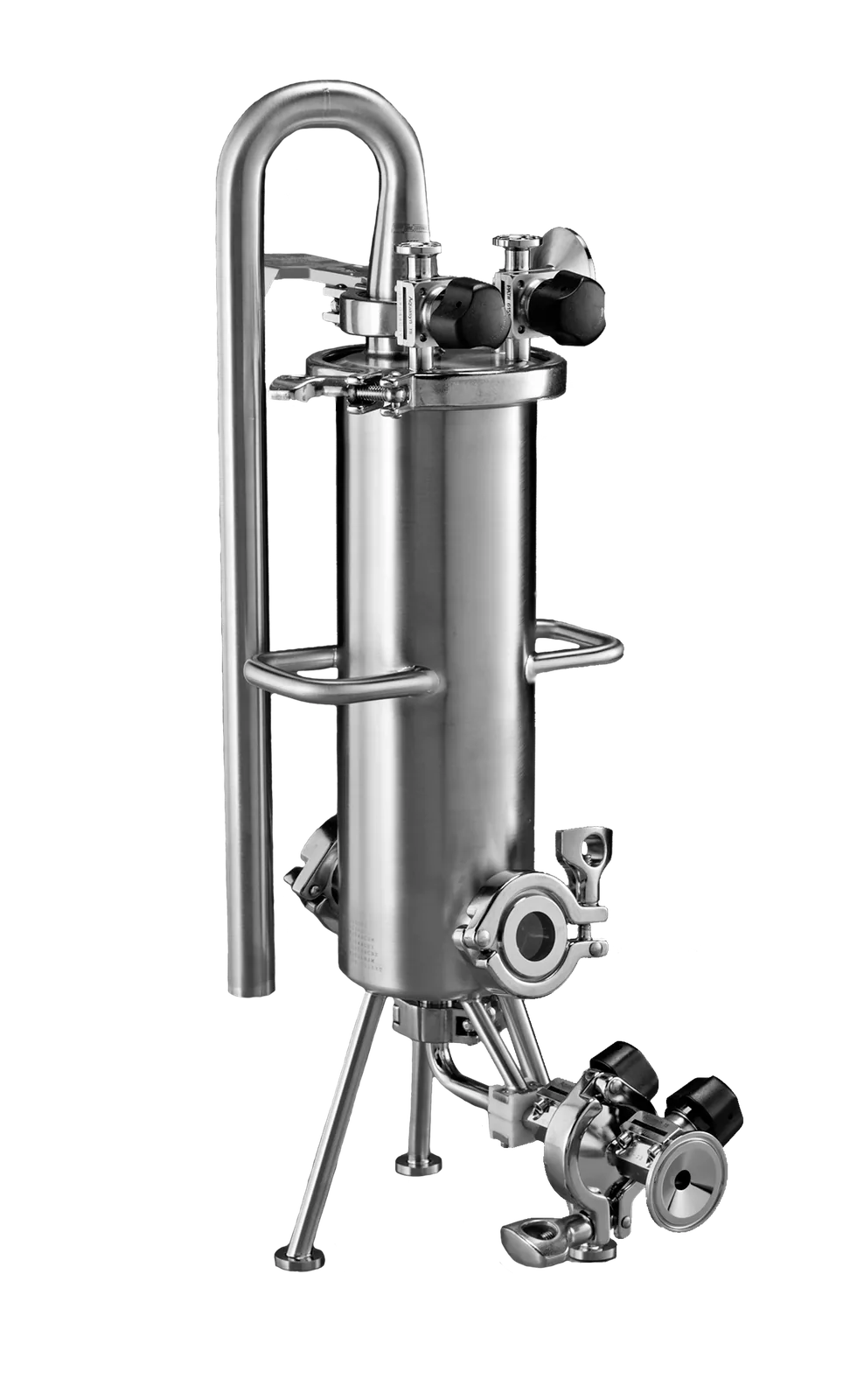 Aquasyn-fabricated stainless pressure vessel with sanitary clamps, sight glass loop and tripod feet