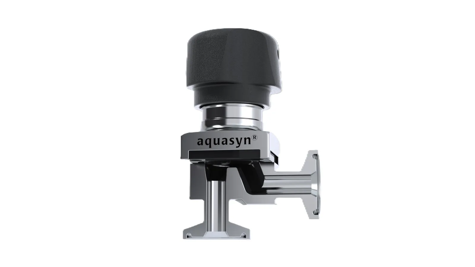 Aquasyn Valbow integrated valve-elbow with branded bonnet block and tri-clamp arm