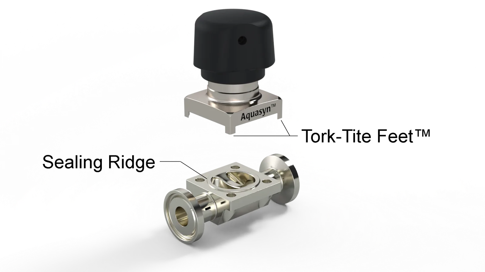 Aquasyn bonnet floating above its valve body with Tork-Tite Feet and Integral Sealing Ridge called out · the sealing ring machined into the body, not bolted on